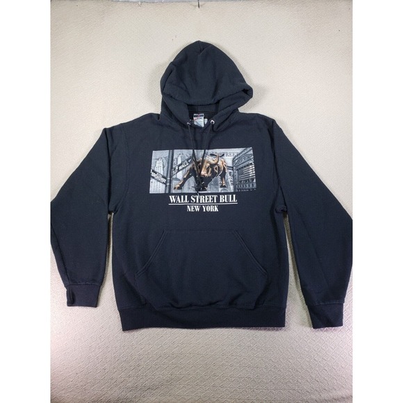 Wall Street Bull Hoodie Men Medium Black Stock Market New‎ York Print Pullover - Picture 1 of 10